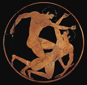 Men wrestling, detail of an ancient Greek cup