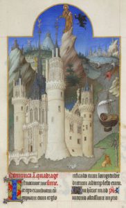 The illuminated page of Château de Mehun-sur-Yèvre in December, from the Très Riches Heures du Duc de Berry (The Very Rich Hours of the Duke of Berry)